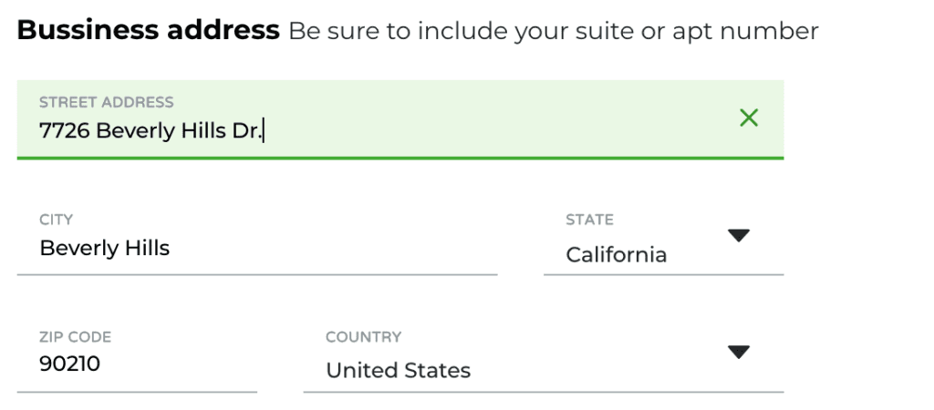 Business address screen