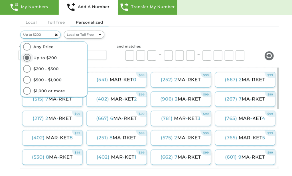 Search for phone numbers by price