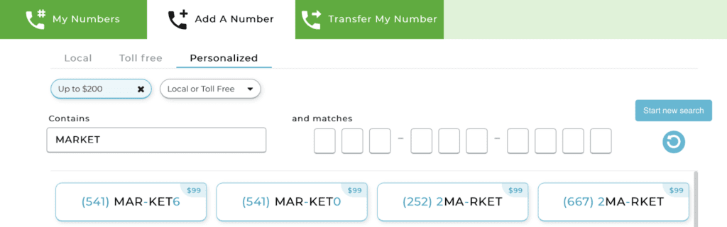 Search for personalized phone numbers