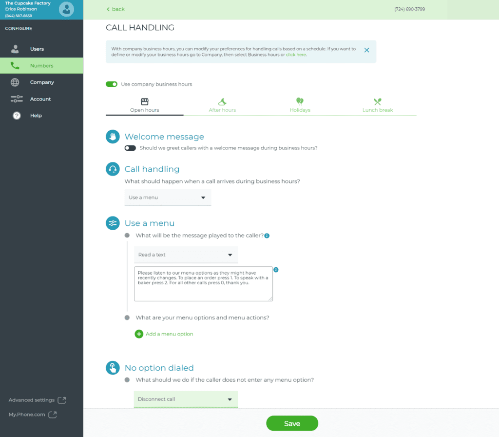 call handling screen