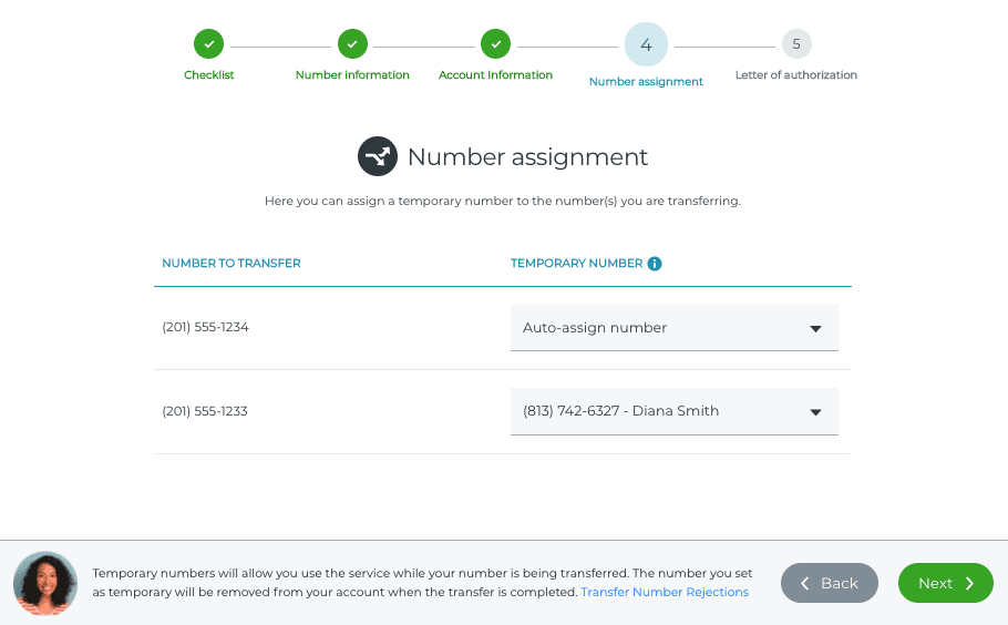 Transfer Number Assignment Screen