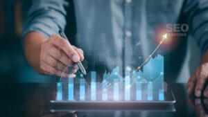 A marketer holds a pen pointing to a graph and shows SEO concepts, optimization analysis tools, search engine rankings, social media sites based on results analysis data.