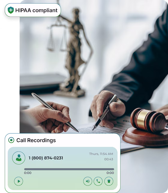 Attorney signing documents at a desk with scales of justice and a gavel in the background, with a Phone.com call recordings interface overlaid