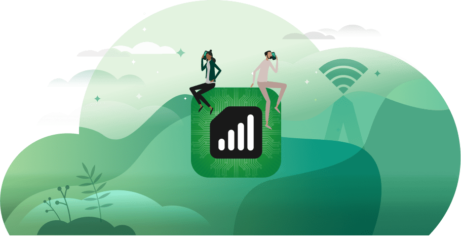 Illustration of two people using mobile phones on a connected network, representing Phone.com's ProSIM mobile data service