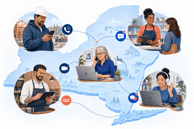 New York small-business owners using connected tools to manage customer calls, texts, video meetings, and voicemail.