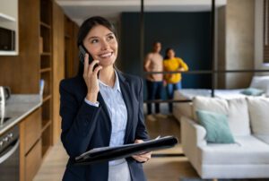 A real estate agent is talking on a mobile phone will showing a home to two clients.