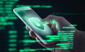 Mobile phone personal data and cyber security threat concept. Cellphone fraud. Smartphone hacked with illegal spyware, ransomware or trojan software.