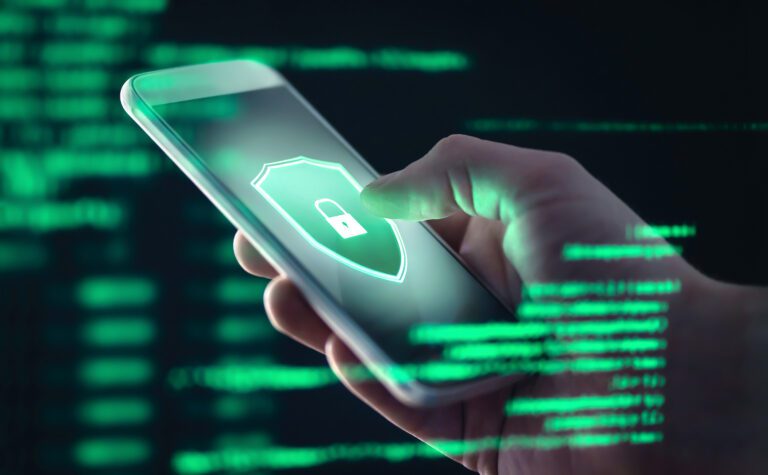 Mobile phone personal data and cyber security threat concept. Cellphone fraud. Smartphone hacked with illegal spyware, ransomware or trojan software.