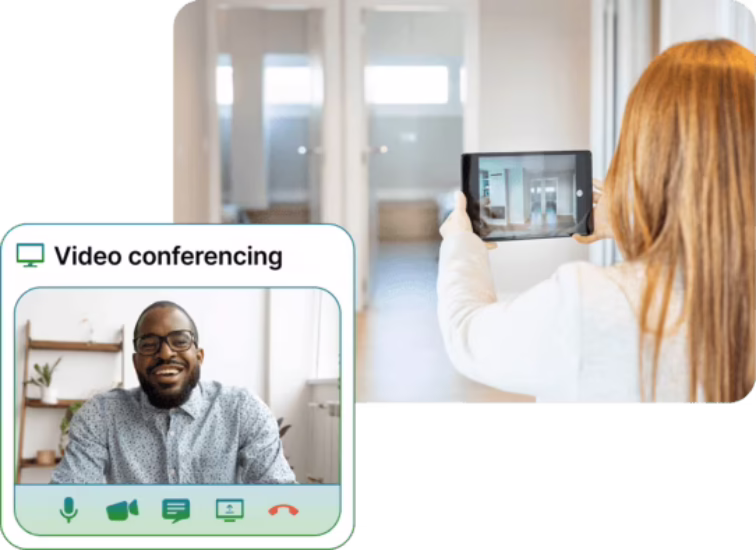 Real estate agent photographing a property on a tablet while on a Phone.com video call with a client